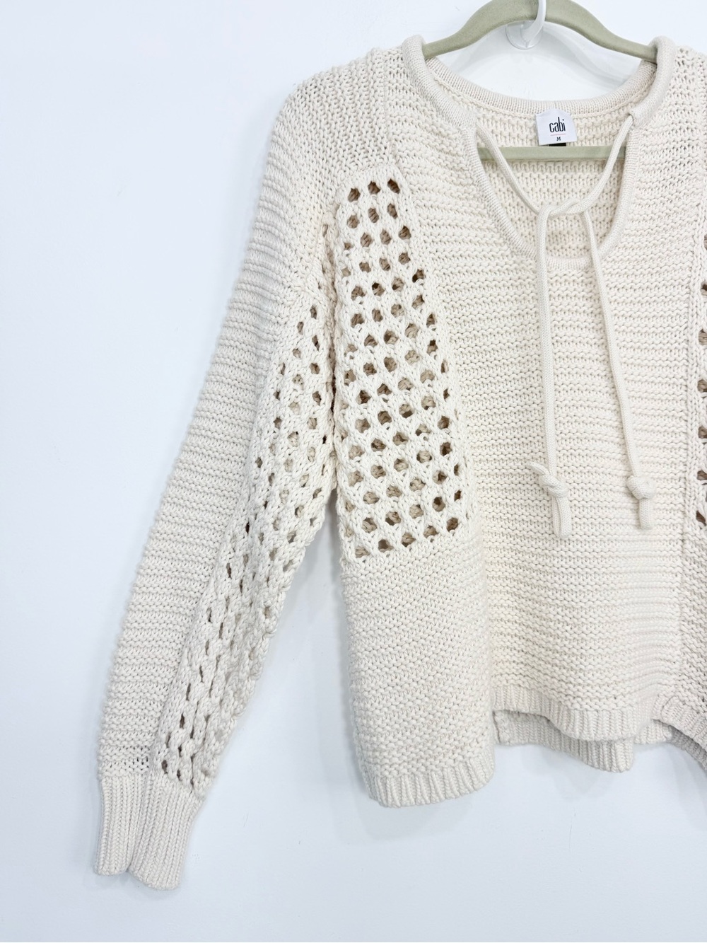 Cabi 6596 SANDBAR Pullover Cream Open Knit Slouchy Tie Front Sweater - Picture 6 of 15